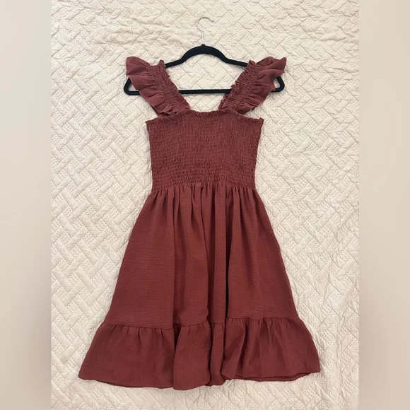 Boho Ruffled Square-Neck Smocked Mini Dress, Soft-Rust Colored, Size XS - Picture 2 of 9